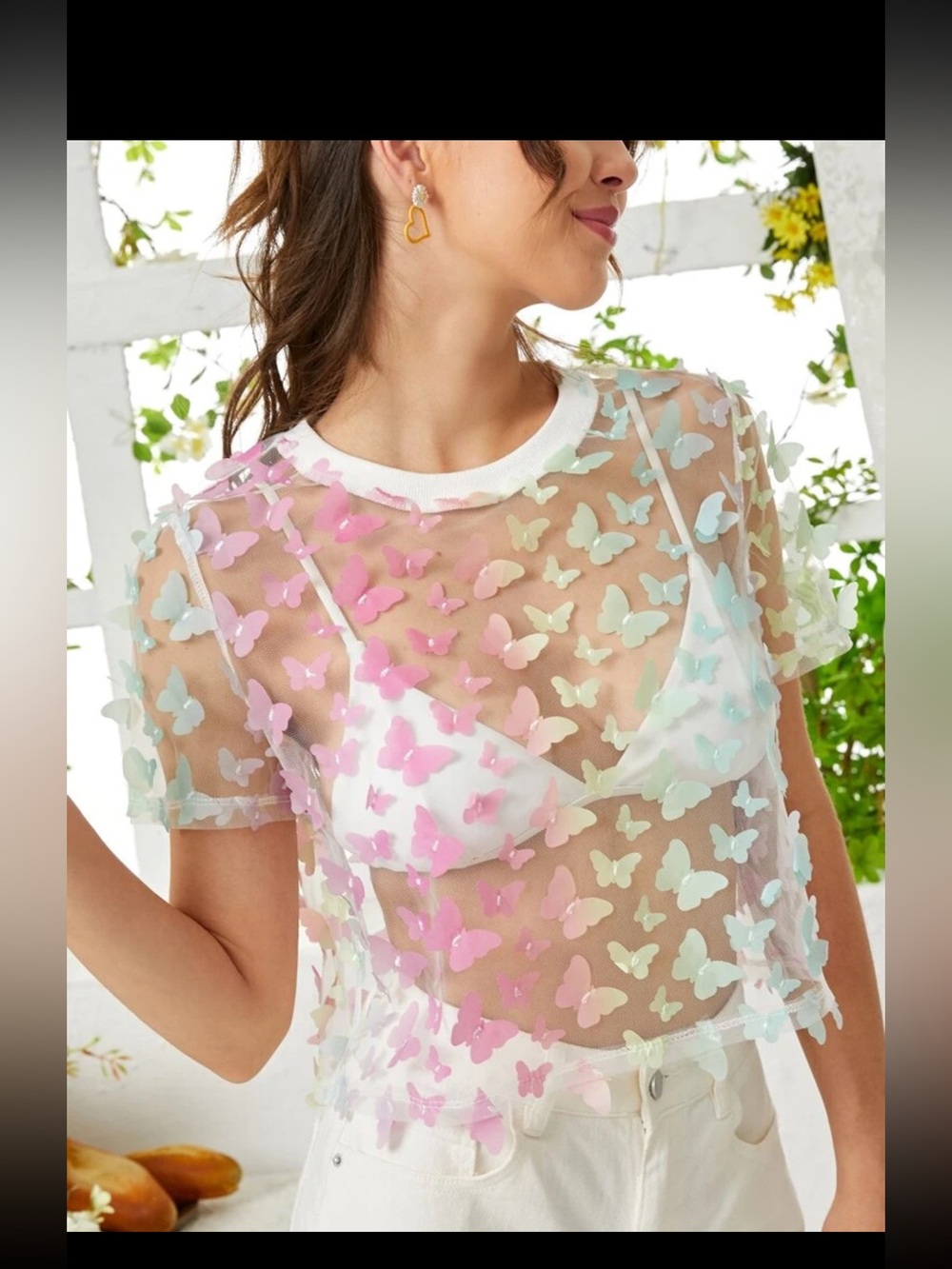 Pastels Butterfly Appliqué Sheer Crop Top - XL